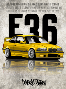 Plakat A3 BMW E36 Bavaria Motors yellow
